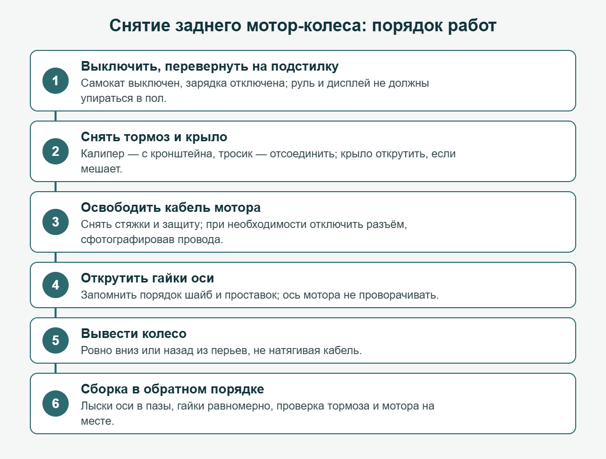 Как снять заднее колесо на электросамокате: порядок работ с мотор-колесом