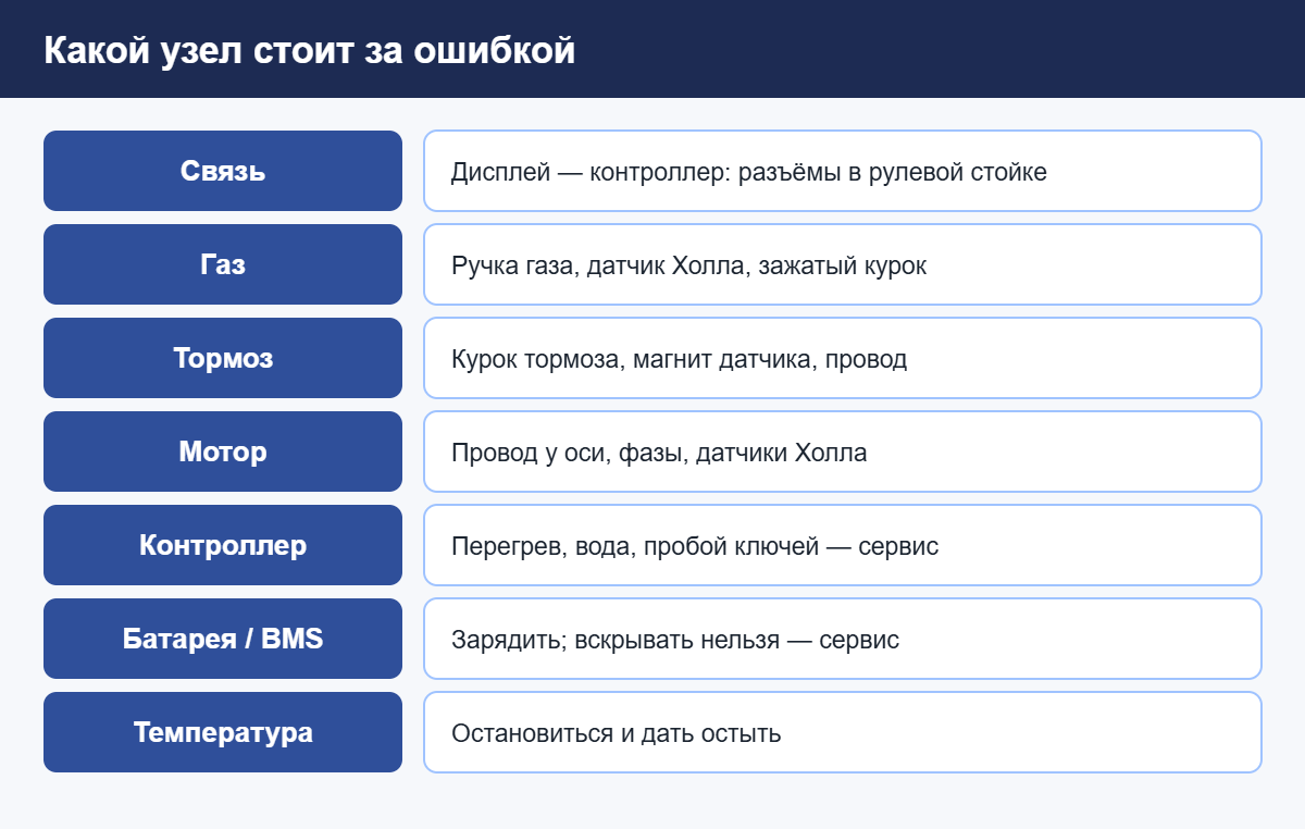 Ошибки на электросамокате: какой узел за что отвечает — связь, газ, тормоз, мотор, контроллер, батарея