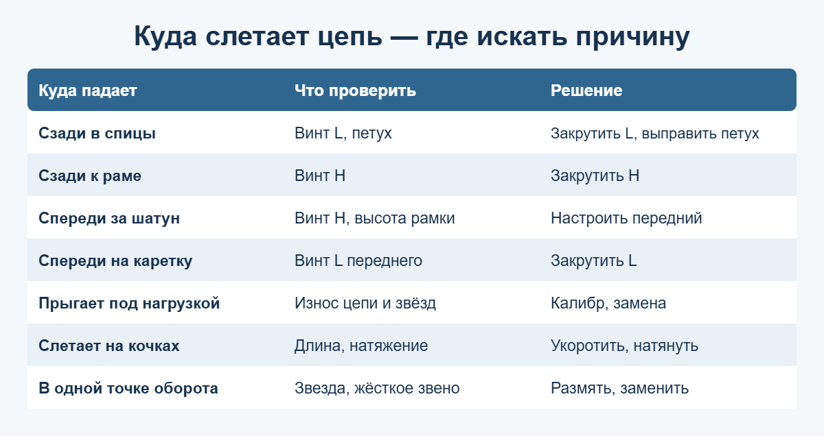 Таблица диагностики: слетает цепь на велосипеде — куда падает и что проверить